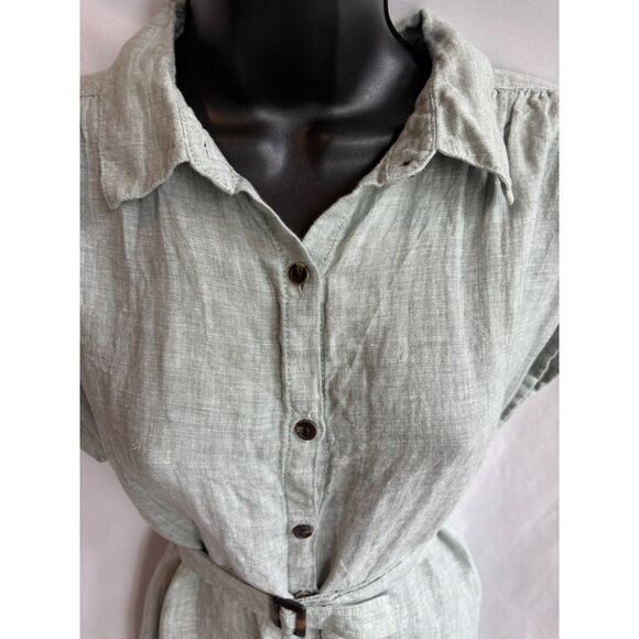 C&C Sage Green Midi Dress 100% Linen Button Front Belted Size M Classy Lagenlook - Picture 2 of 9
